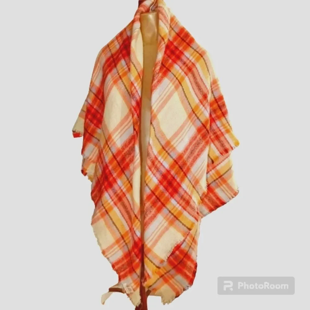 Plaid Pattern Raw Hem Shawl Wrap Blanket Scarf